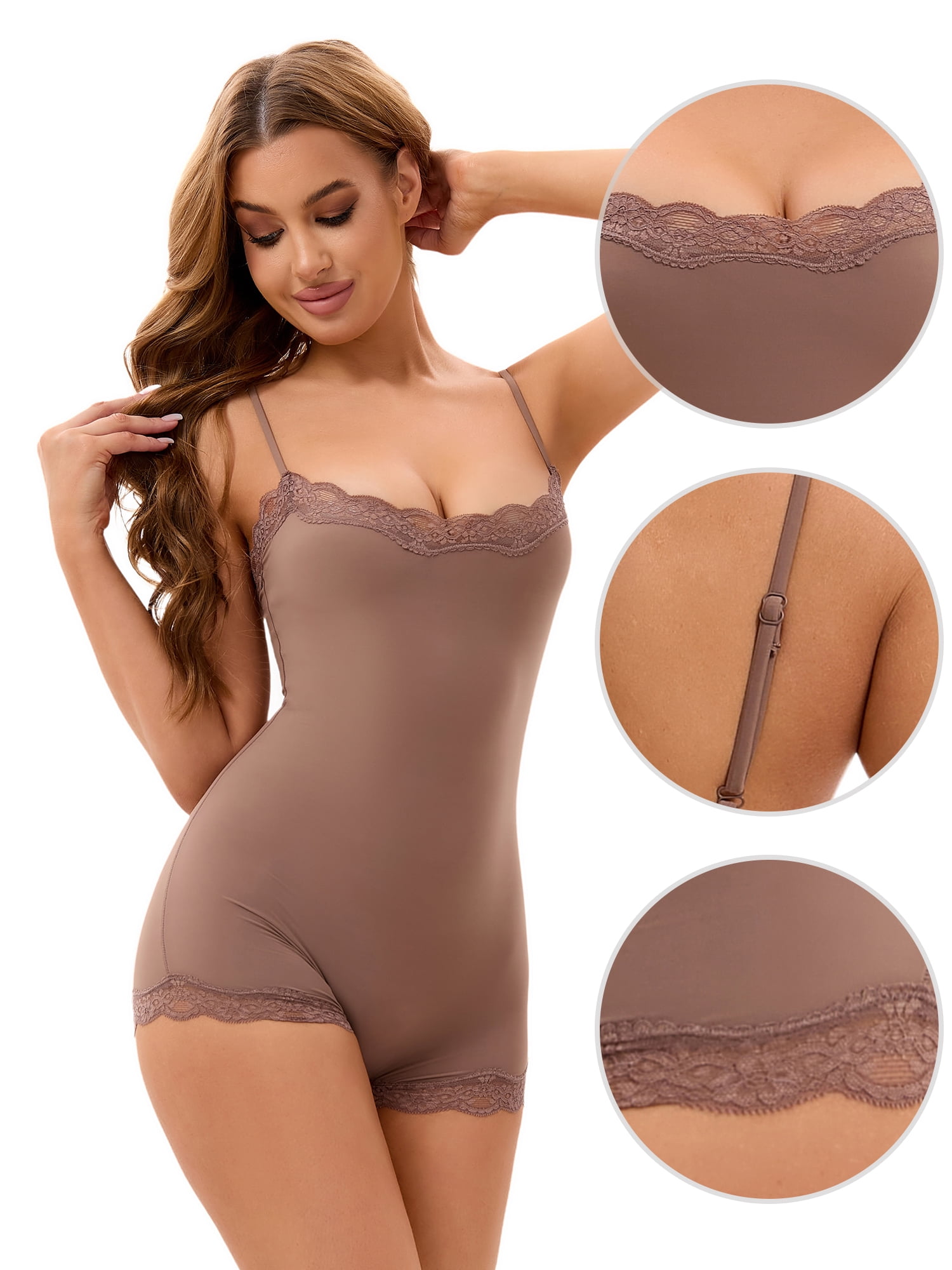 Unique Bargains Women's Lace Trim Tummy Control Butt Lifter Shaperwear Bodysuits M Khaki
