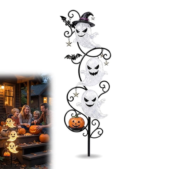 Halloween Ghost Garden Stake Light – 15.75" Metal with Ghosts & Pumpkin, Waterproof LED for Pathway Patio Yard Decor (1PC)