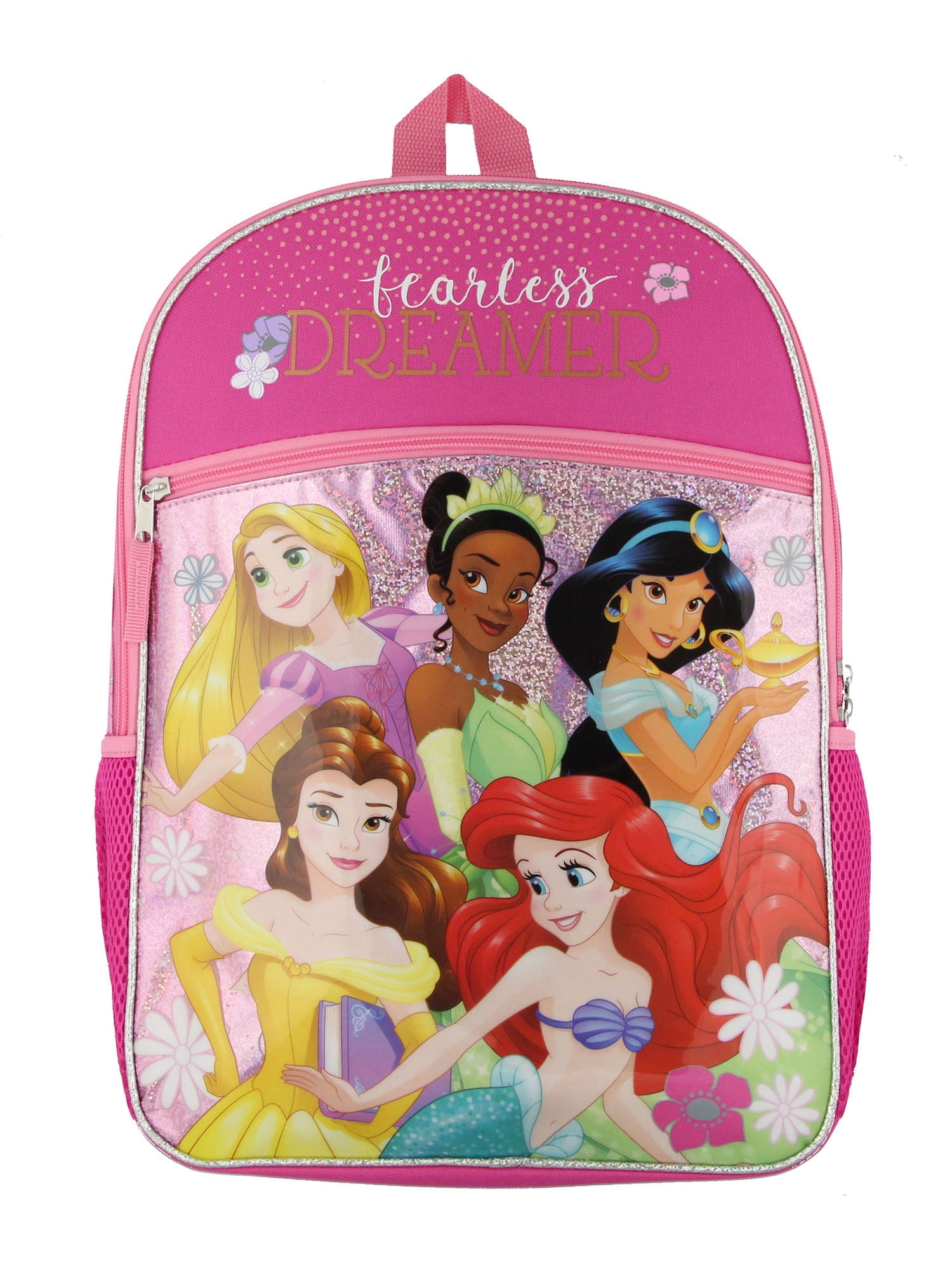 Disney Princess Fearless Dreamer Rapunzel Jasmine Belle Ariel Tiana Pink 16" School Travel Backpack