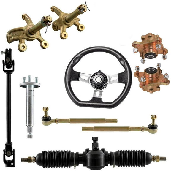 Front Steering Wheel Tie Rod Kit Gear Rack Pinion Shaft & 4 Stud Wheel Hub Steering Spindle Knuckle DIY Parts for Go Kart Go Cart Golf Cart ATV UTV Buggy Drift Trike 4 Wheeler Dolly Cart
