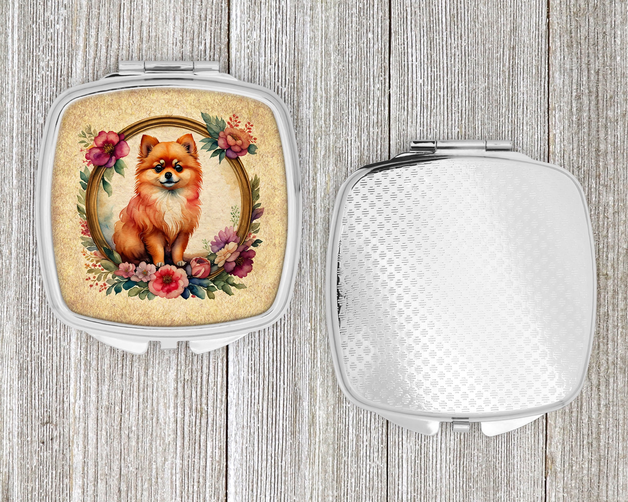 Pomeranian and Flowers Compact Mirror 2.75 in x 3 in