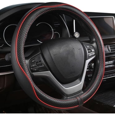 Car Steering Wheel Cover with Black and Red Trim, Leather-Like Material, Universal Fit, Water Resistance