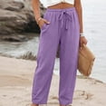 thumbnail image 2 of Linen Pants Women Elastic High Waisted Drawstring Wide Leg Linen Pants Lounge Solid Color Beach Pant with Pockets, 2XL, 2 of 6