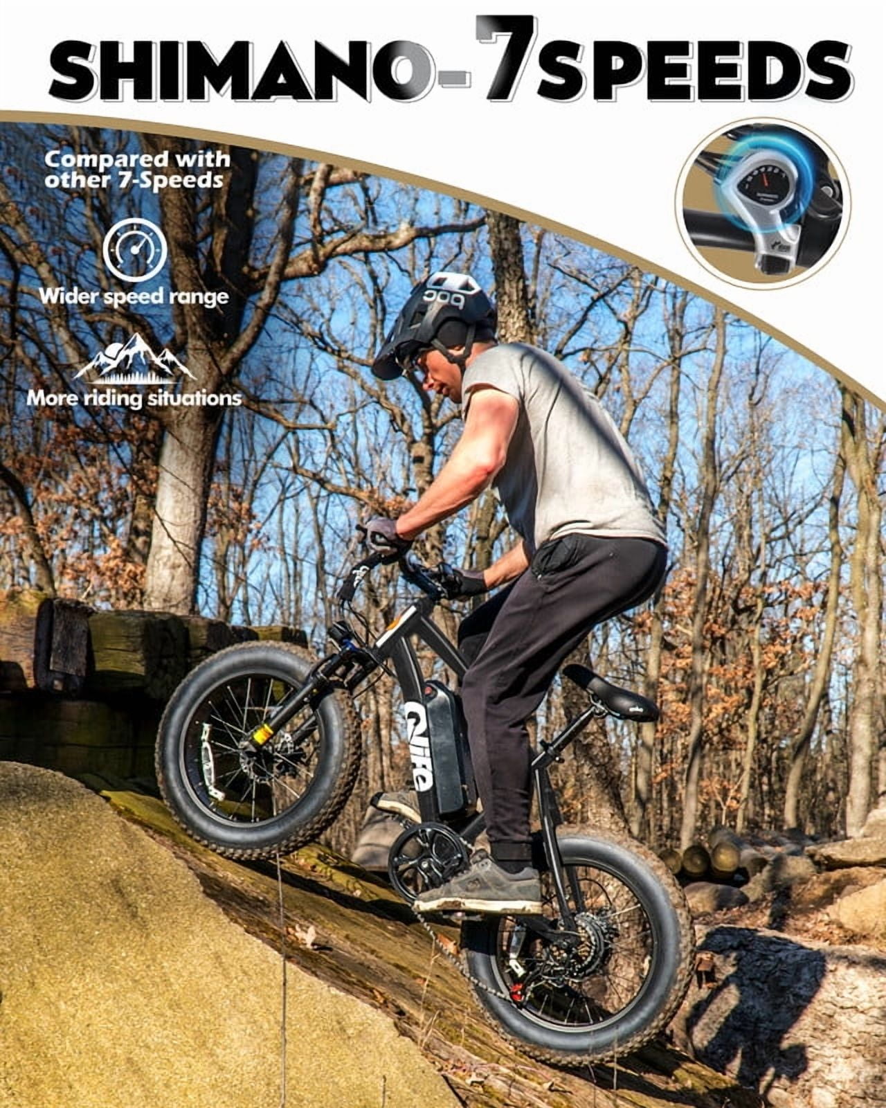 Qlife Racer Fat Tire Electric Bicycle for Adults, 28MPH Mountain Ebike with Peak 1200W Brushless Motor, Removable Battery, 20X4.0 Tire Step Over E-MTB with 7-Speed Black