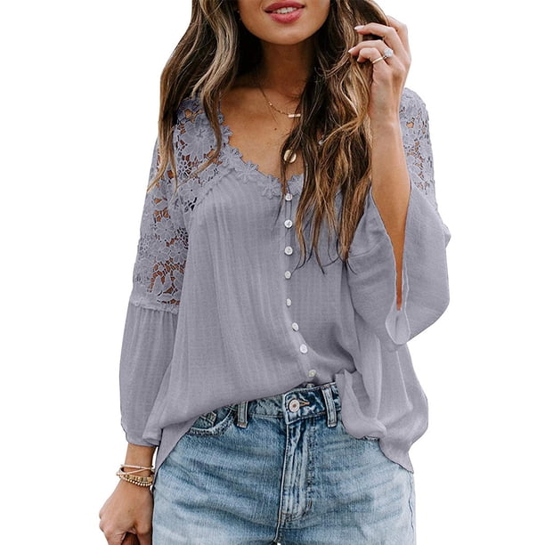 Sonducket Camisa de mujer con cuello en V Camisa de encaje Blusa en V Color sólido Botón de manga larga Top Prendas para la parte del cuerpo gris púrpura L