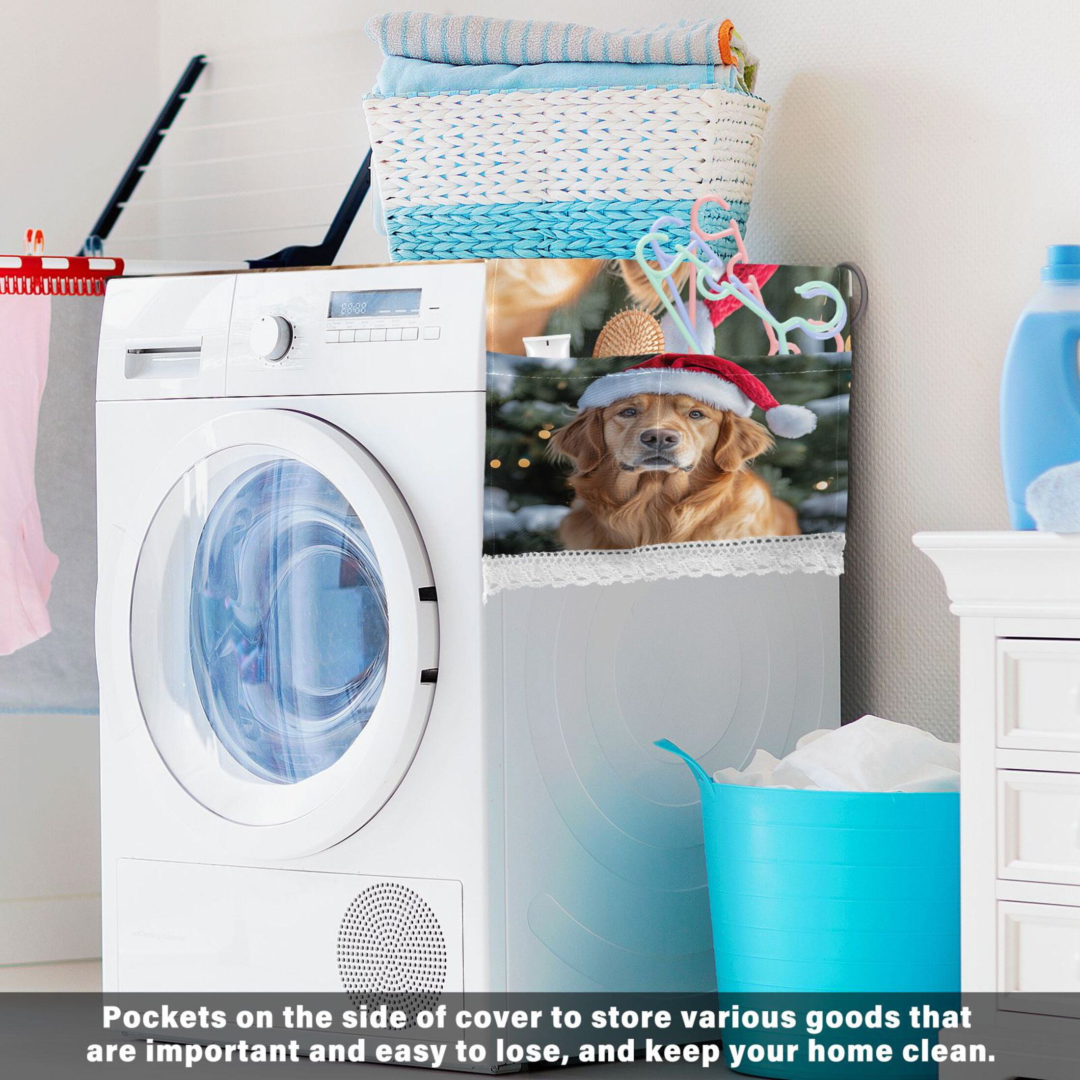 Dog Wearing A Santa HatWasher and Dryer Covers Dust-Proof and Oil Resistant Fridge Cover with 4 Storage Pockets Washing Machine Top Cover for Laundry Kitchen Home 51.2 x 22 In