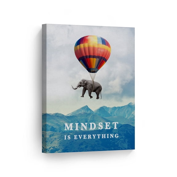 Smile Art Design Mindset is Everything Quote Elephant with Balloon Motivational Canvas Wall Art Inspirational Wall Art Entrepreneur Quote Print Office Living Room Decor Gift Ready to Hang 12x8