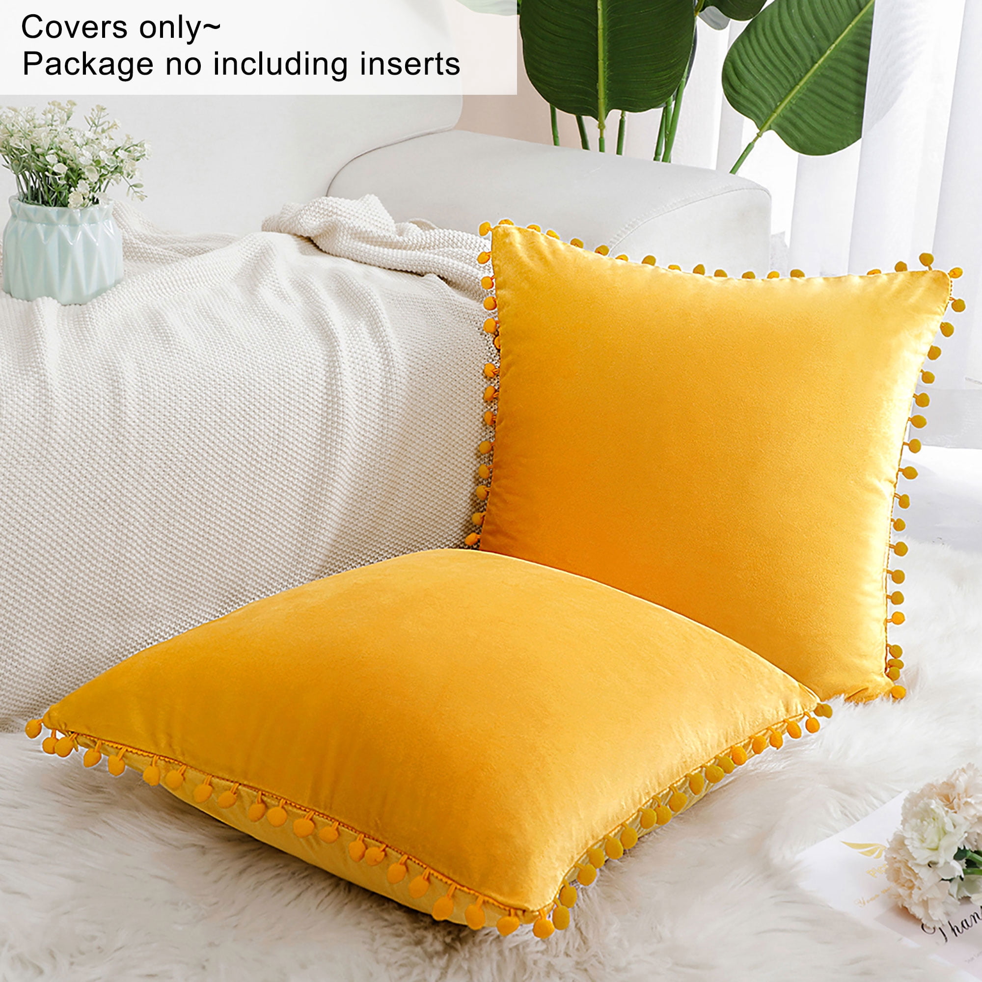 Unique Bargains Velvet Pillow Cover with Pompoms for Sofa 2PCS Golden Yellow 18x18Inch
