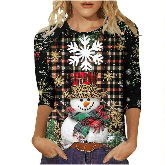 successthop Christmas Blouse for Women Snowman Plus Size 3/4 Sleeve Top Lightweight Loose Crewneck Print Casual Clothes