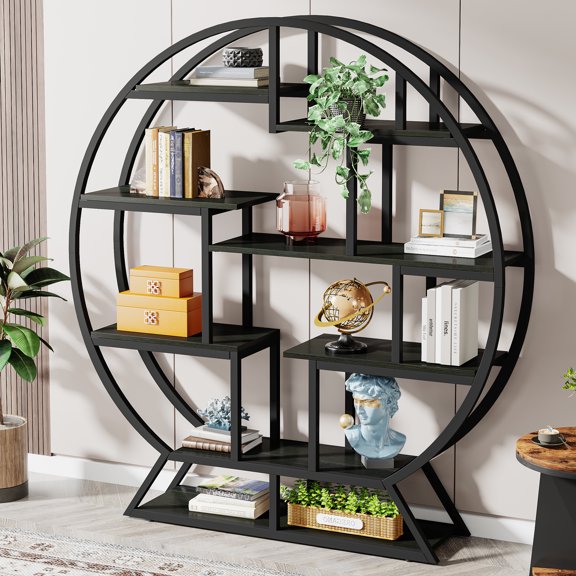Tribesigns Bookshelf, Round Bookshelves Etagere Bookcase, 63 Inch Industrial Wood Book Shelf with Staggered Shelves, Rustic Open Shelving Organizer Rack Display Shelf for Home Office, Living Room