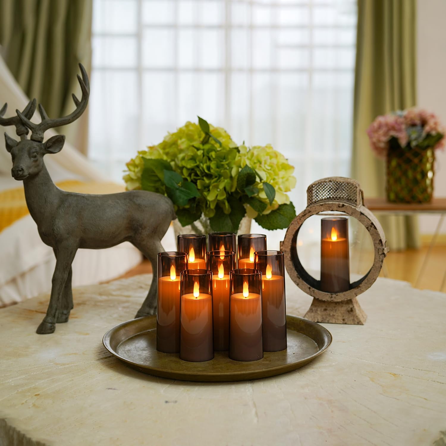 Merrynights Decorative Flameless LED Pillar Candles, Battery Operated, Remote, Timer, Flickering, Gray, 9 Pack, 2.2 inch D, 5, 6, 7 inch H