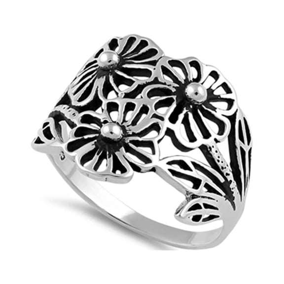 925 Sterling Silver Oxidized Platinum Plated Flower Vines Women Valentines Day Gifts Ring