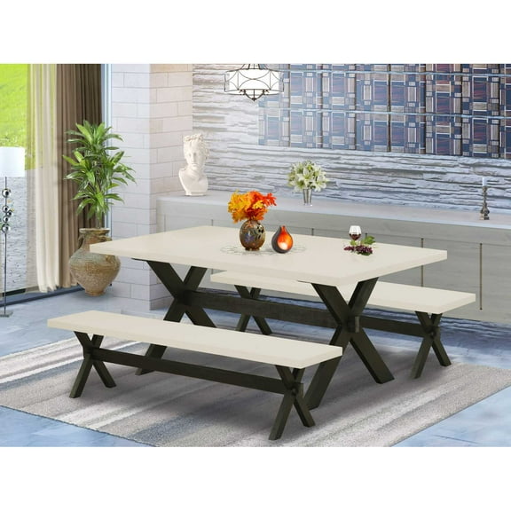 East West Furniture X2-627 3 Piece Kitchen Dining Table Set - 1 Linen White Breakfast Table and 2 Small Wood Benches - Stable and Sturdy Construction - Wire Brushed Black Finish