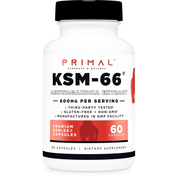 Primal KSM-66 Ashwagandha Capsules (60 Capsules / 60 Servings, 600 mg KSM-66 Per Serving) | Premium Ashwagandha Root Extract - Gluten Free, Non-GMO Nutritional Supplement