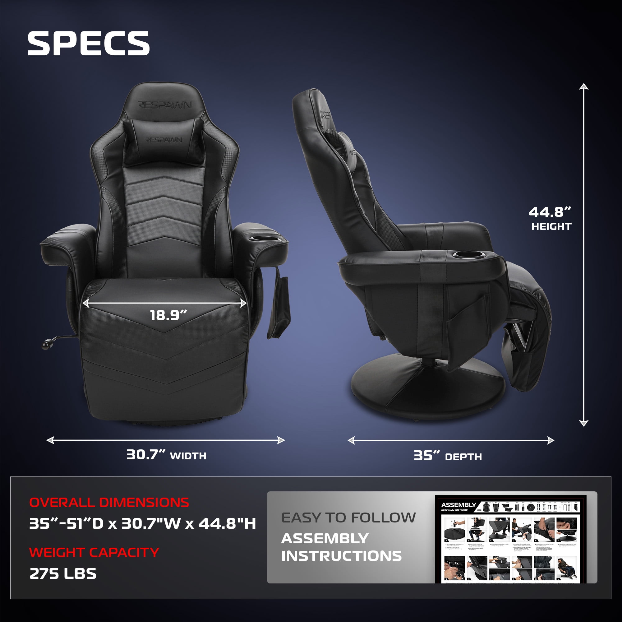 RESPAWN 900 Console Gaming Recliner with Footrest and Lumbar Support - Comfortable Ergonomic Gaming Chair with Headrest, No Wheels, Reclining, Heavy Duty, Racing Style Video Game Chairs - Black