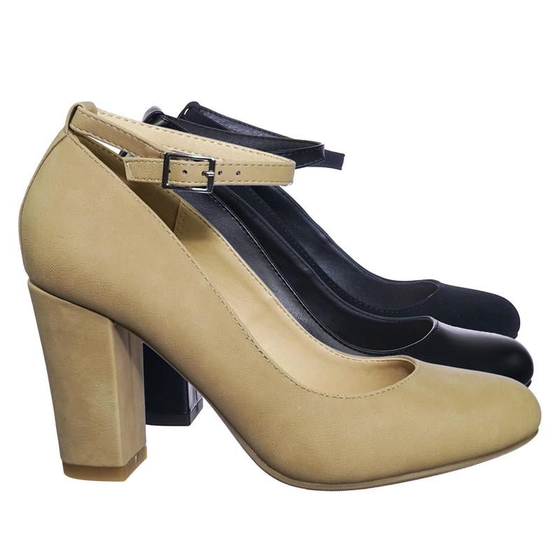 round toe ankle strap block heel