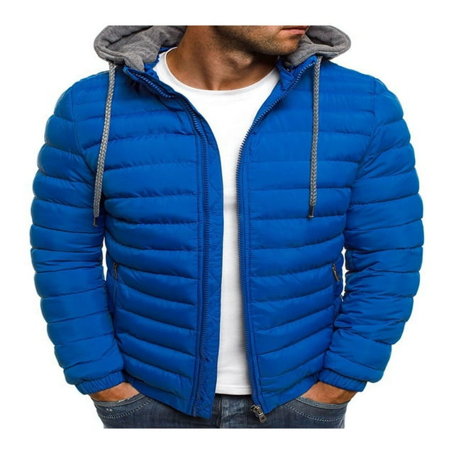 Men Winter Down Hooded Jacket Solid Color Long Sleeves Zip Up Outerwear Warm Coat with Pockets
