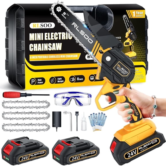 24V Cordless Mini Chainsaw with 6-Inch Bar - Portable Electric Hand Chainsaw with 2 Batteries and 3 Chains