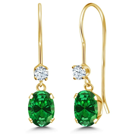 Gem Stone King 14K Yellow Gold Green Simulated Emerald French Wire Dangle Earrings for Women (1.46 Cttw, Gemstone Birthstone, Oval 6X4MM and Round 2.5MM)