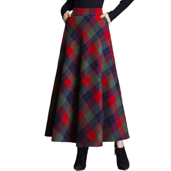 Women's Lattice Skirt Warm Elastic Waist Wool A-Line Pleated Tartan Winter Long Skirts