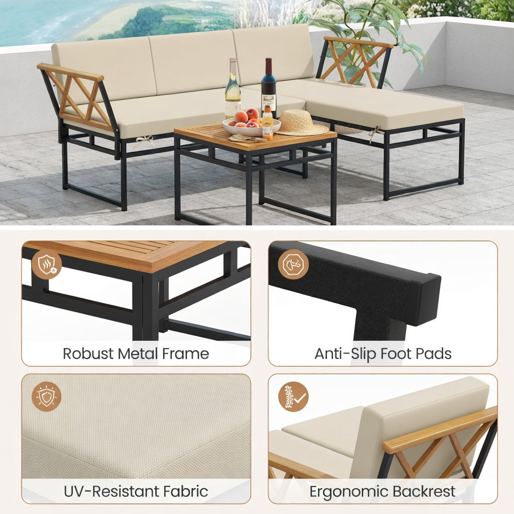 Hommoo 3-Piece L-Shaped Outdoor Patio Furniture Set, Cushioned Acacia Wood Loveseat & Lounge Sofa with Coffee Table for Porch, Backyard, Poolside, Brown