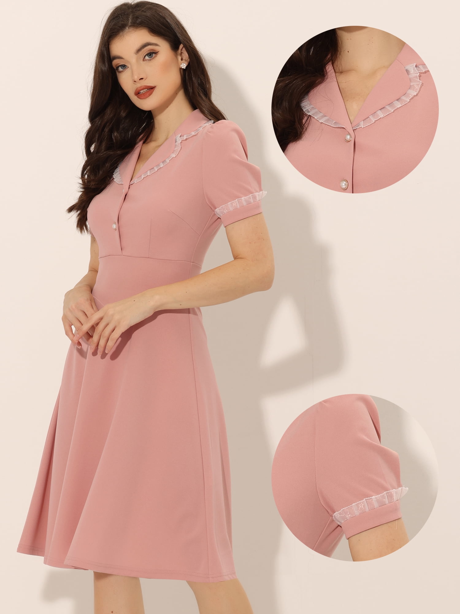 DARING DIVA Women's Vintage Puff Sleeve Peter Pan Collar Dress S Pink