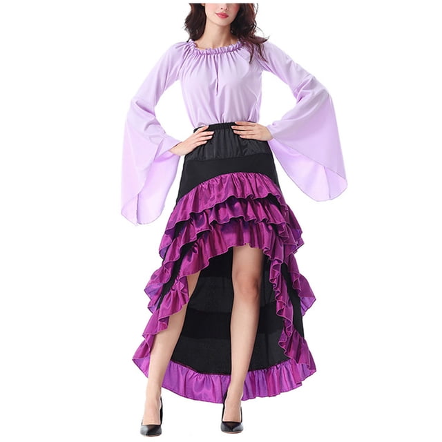 Robe pour Femmes Blouses pour Femmes Col Rond Manches Longues Blouse Corset Jupe à Volants Ensemble de Cosplay