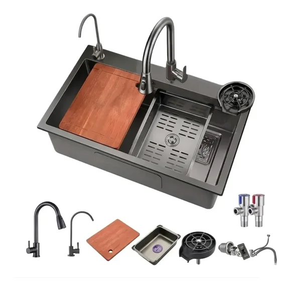 Fregadero de Cocina de Acero Inoxidable 304 Negro Tarja con Grifo Extraíble y Accesorios Kit Completo 68x45x22cm