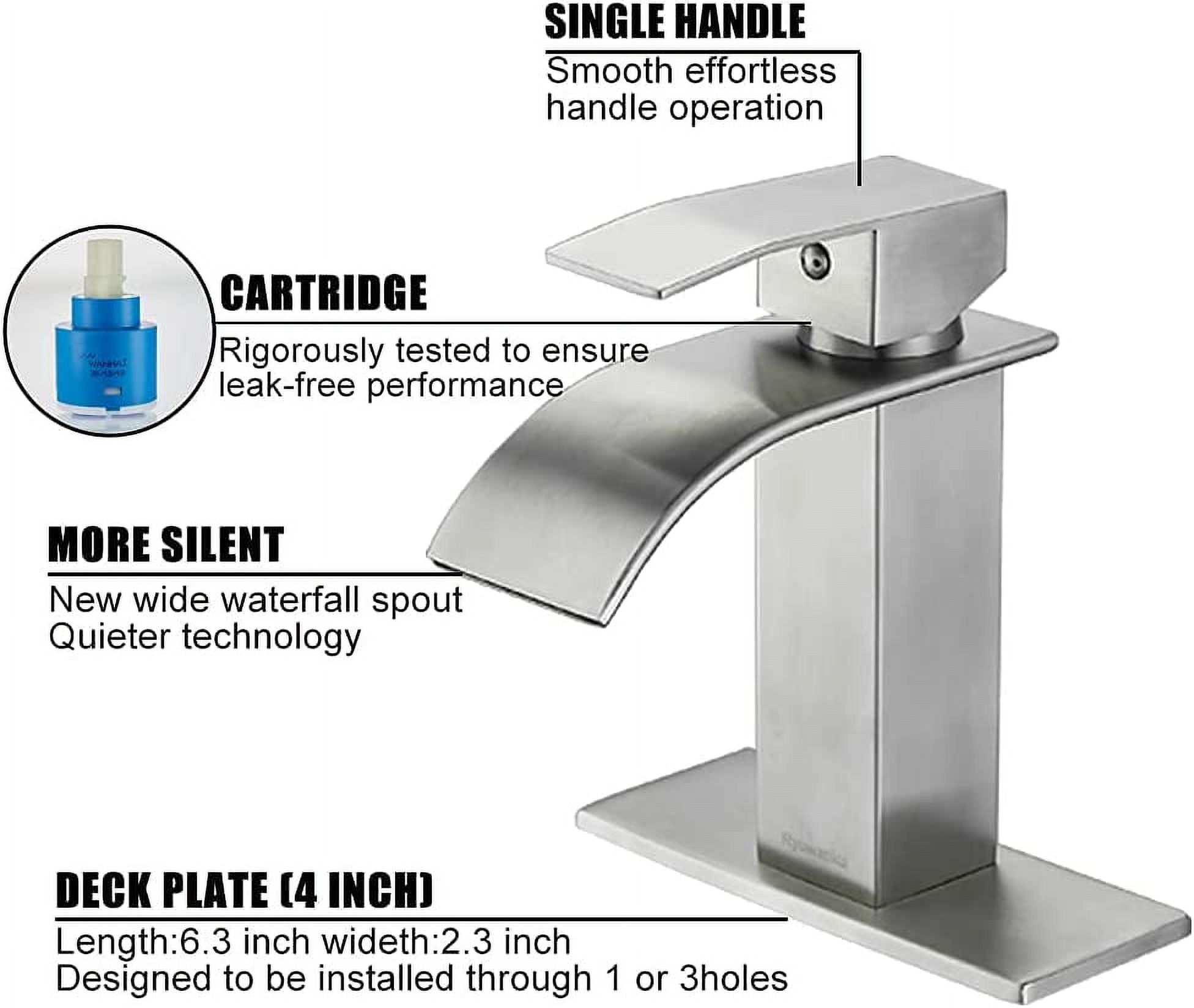 Brushed Nickel Waterfall Bathroom Vanity Sink Faucet with 6" Deck Plate for 1 or 3 Hole