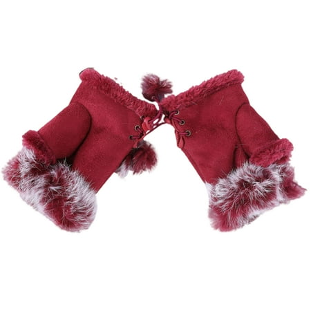 

harmtty 1 Pair Women Gloves Faux Rabbit Fur Half Finger Autumn Winter Coldpoof Drawstring Gloves for Vacation Brick Red