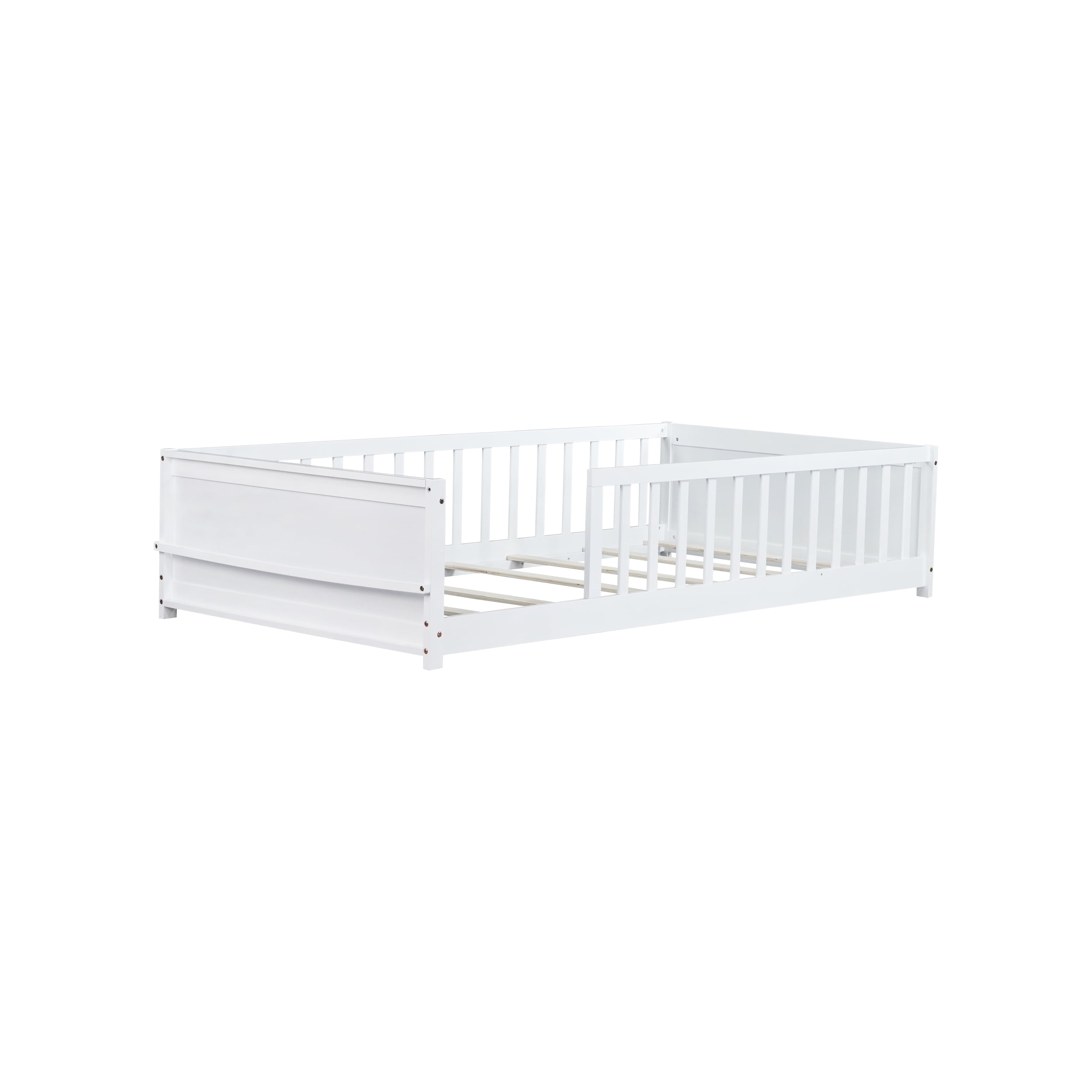 Twin Size Wooden Platform Bed with Safety Guardrails & Built-in Bookshelf, Montessori Kids Floor Bed Frame with Opening