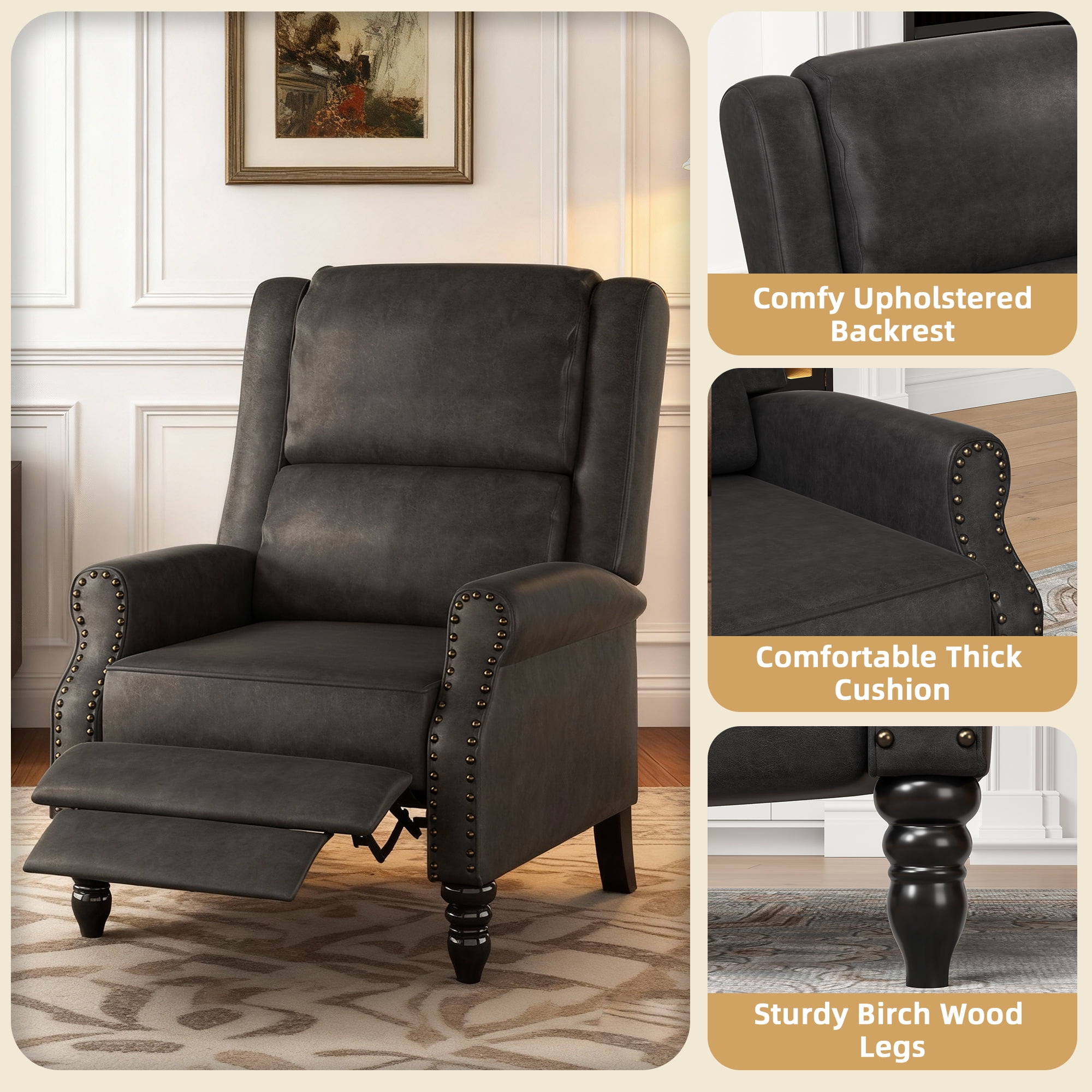 MAYEERTY Gray Faux Leather Pushback Recliner Chair, Ergonomic Design for Living Room, Bedroom & RV