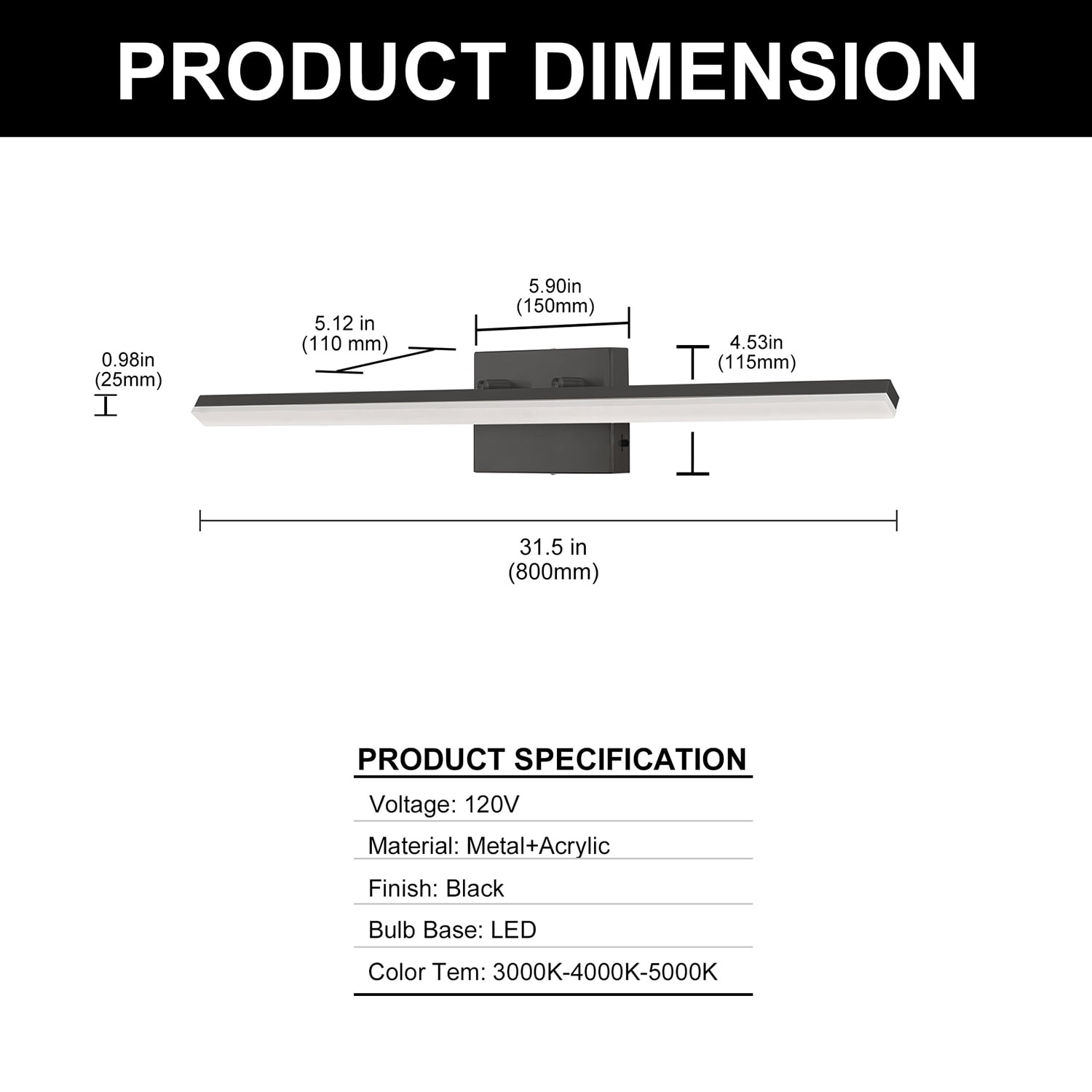 YANSUN 31.5 in LED Mirror Light, Dimmable 3-Color, Super Slim Black Light Bar, for Makeup Vanity & Bathroom Mirror