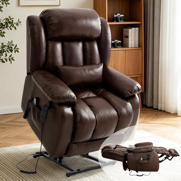 TEKAMON Power Lift Chair Recliner for Elderly with Heat and Massage, Lay Flat Sleeping Recliner Dual Motor Infinite Position Leather Lift Chair for Living Room (Brown)