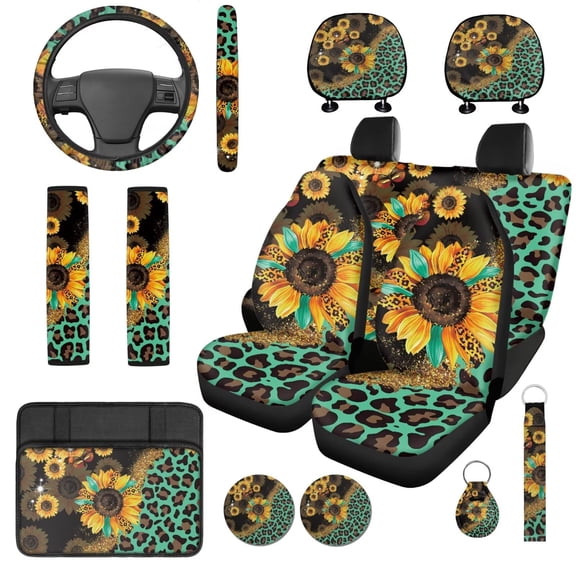 Uorisanigo Sunflower Leopard Print 14 Pieces Automobile Seat Cover Sets Steering Wheel Cover Car Headrest Cover Center Console Cover Cars Seat Belt Pad Cover Comfortable Fit Most Car,Suv