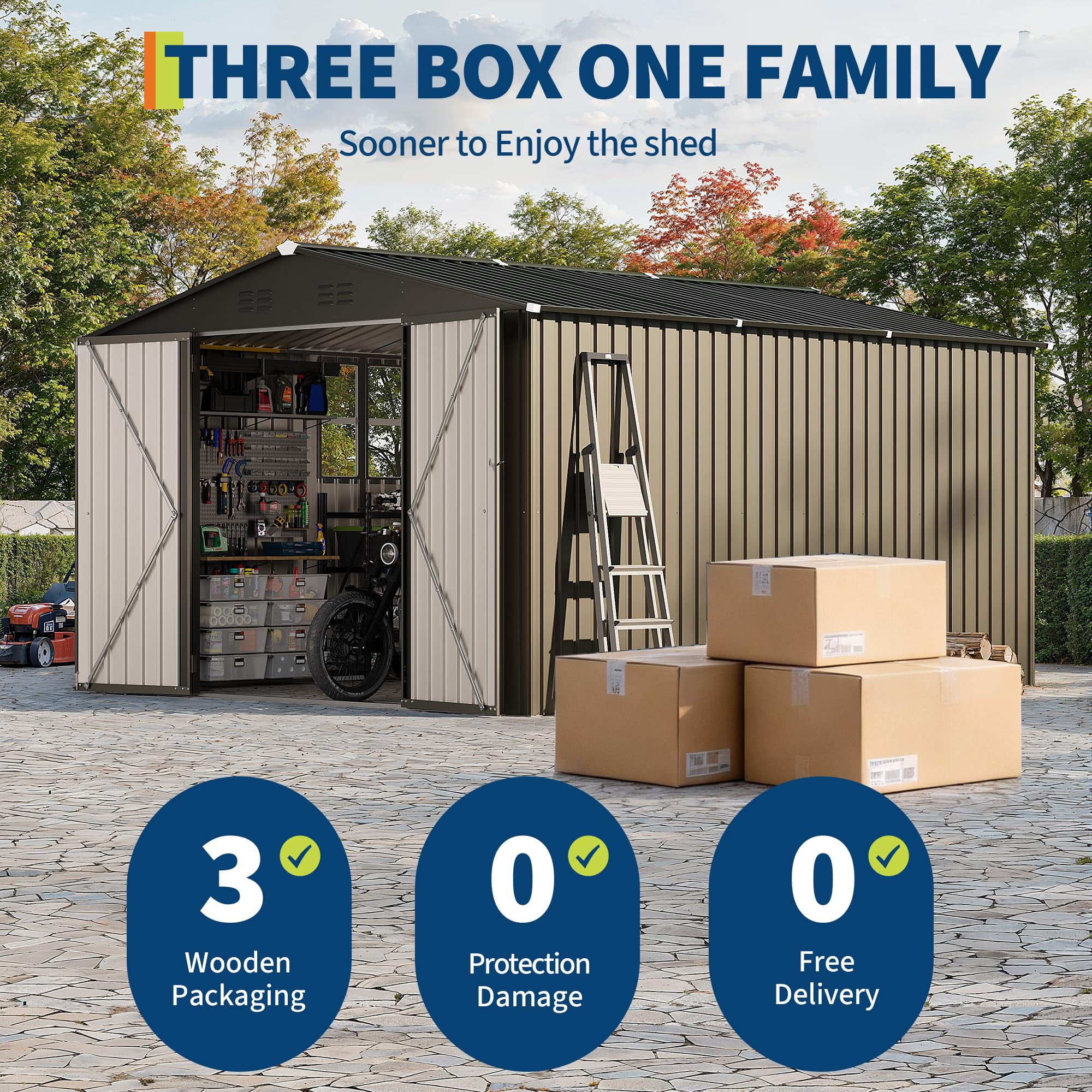 10X12 FT Storage Shed，Lockable Gable Roof Garden Shed with Grid Window, All-Weather Resistant Storage Unit for Bikes, Ladders, Patio Supplies & Garden Essentials