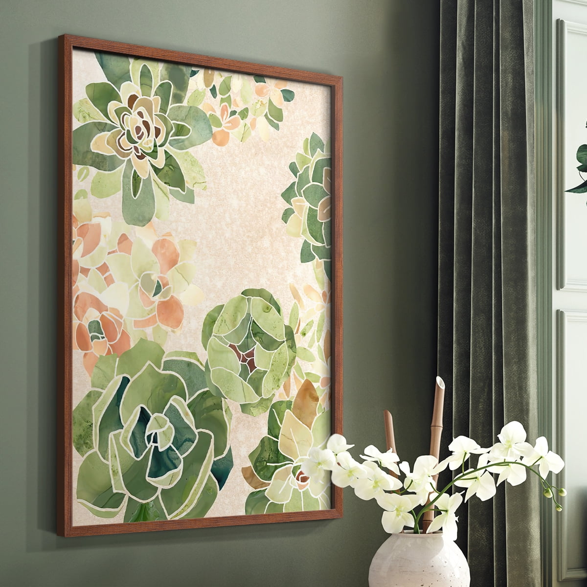 Stained Glass Succulents I Framed Print in Brown Solid Wood Framed Print No Nail Hanging