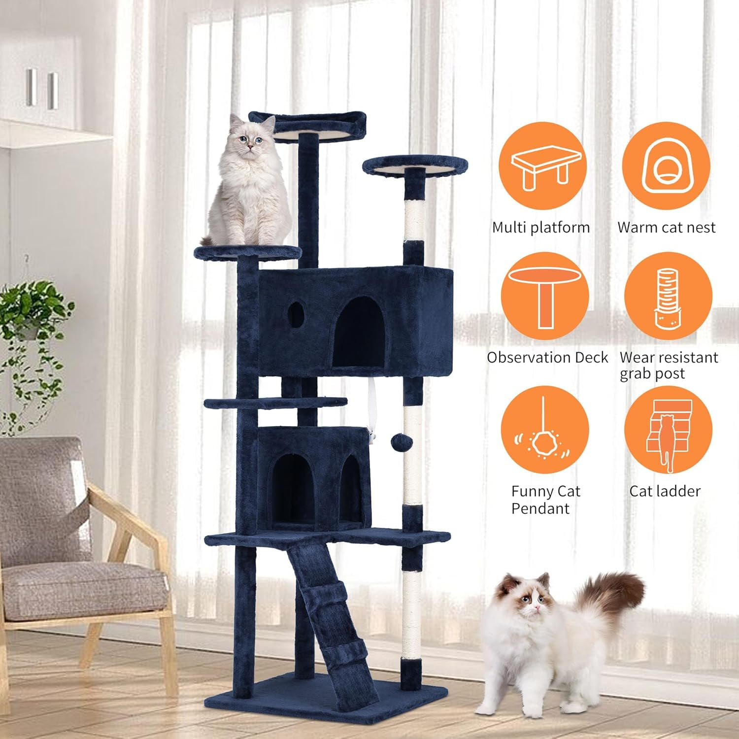 XF XINFENG 70 Inch Cat Tree Tower for Indoor Relaxing Climb Multi-Level Cats  Furniture Activity Center with Cat Scratching Stand House Cat Condo with Funny, Navy Blue