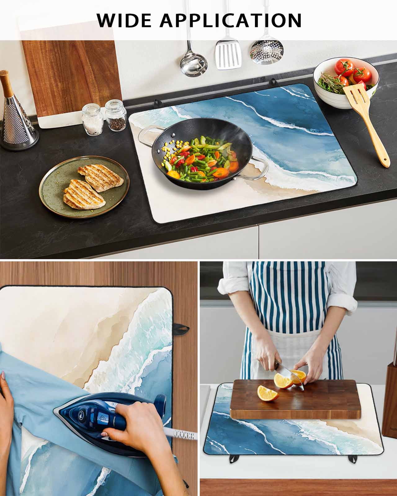 nqOlkjepod Large Induction Cooktop Protector Mat 36"x21", Blue Coastal Stove Top Covers for Electric Stove, Summer Beach Waves Nautical Watercolor Stove Burner Cover Mats, Glass Top Stove Cover