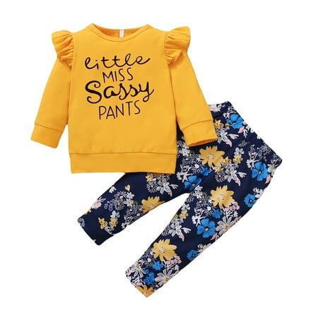

KIMI BEAR Newborn Baby Girls Dress Outfits 6 Months Girls Fall Winter Clothes Letter Print Round Neck Long Sleeve Top Floral Pants 2PCs Set 6-9 Months Yellow