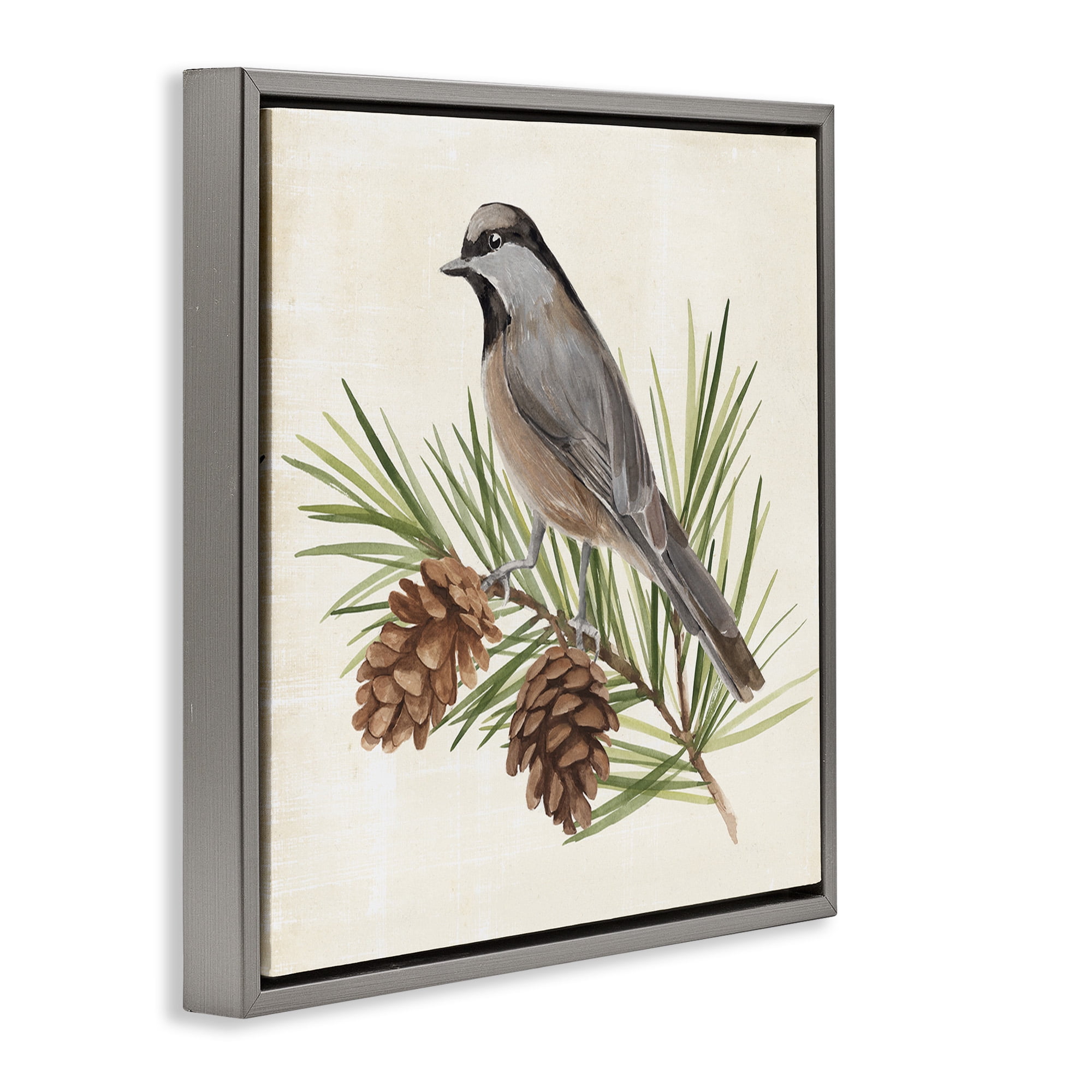 Stupell Industries Bird on Pine Tree Animals & Insects Painting Gray Floater Framed Canvas Art Print Wall Art, 18 x 18