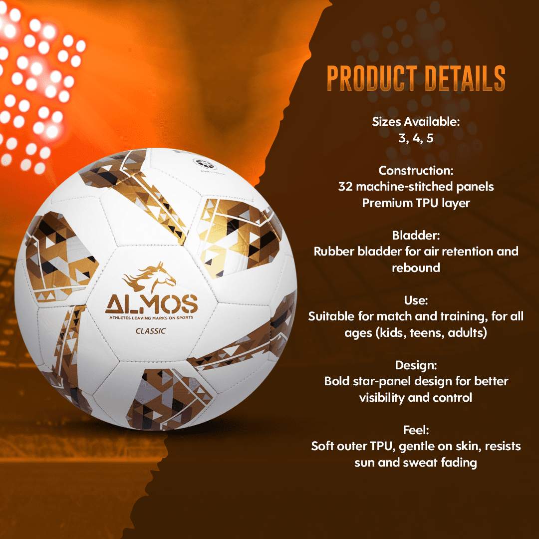 Almos Classic 32 Panel Soccer Ball, for Indoor and Outdoor, Gold,  Size 5