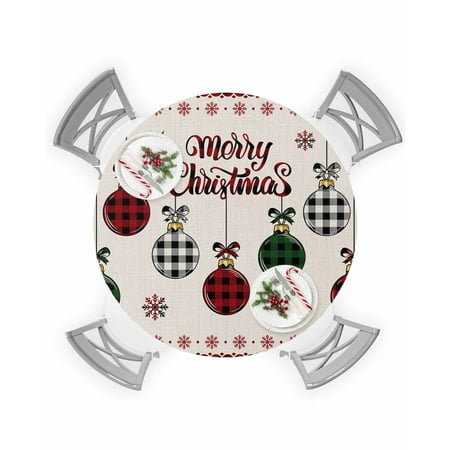 

Round Tablecloth with Elastic Christmas Color Lantern Red and Black Plaid Burlap Texture Waterproof Table Cover Wipeable Fitted Table Cloths for 55 -60 Round Tables Dining Kitchen Indoor Outdoor Use