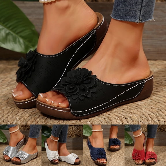 Domuza Women’s Flower Decor Wedge Sandals, Comfortable Open Toe Slip-On Platform Slides for Outdoor & Daily Use Black 10.5(EU-44)