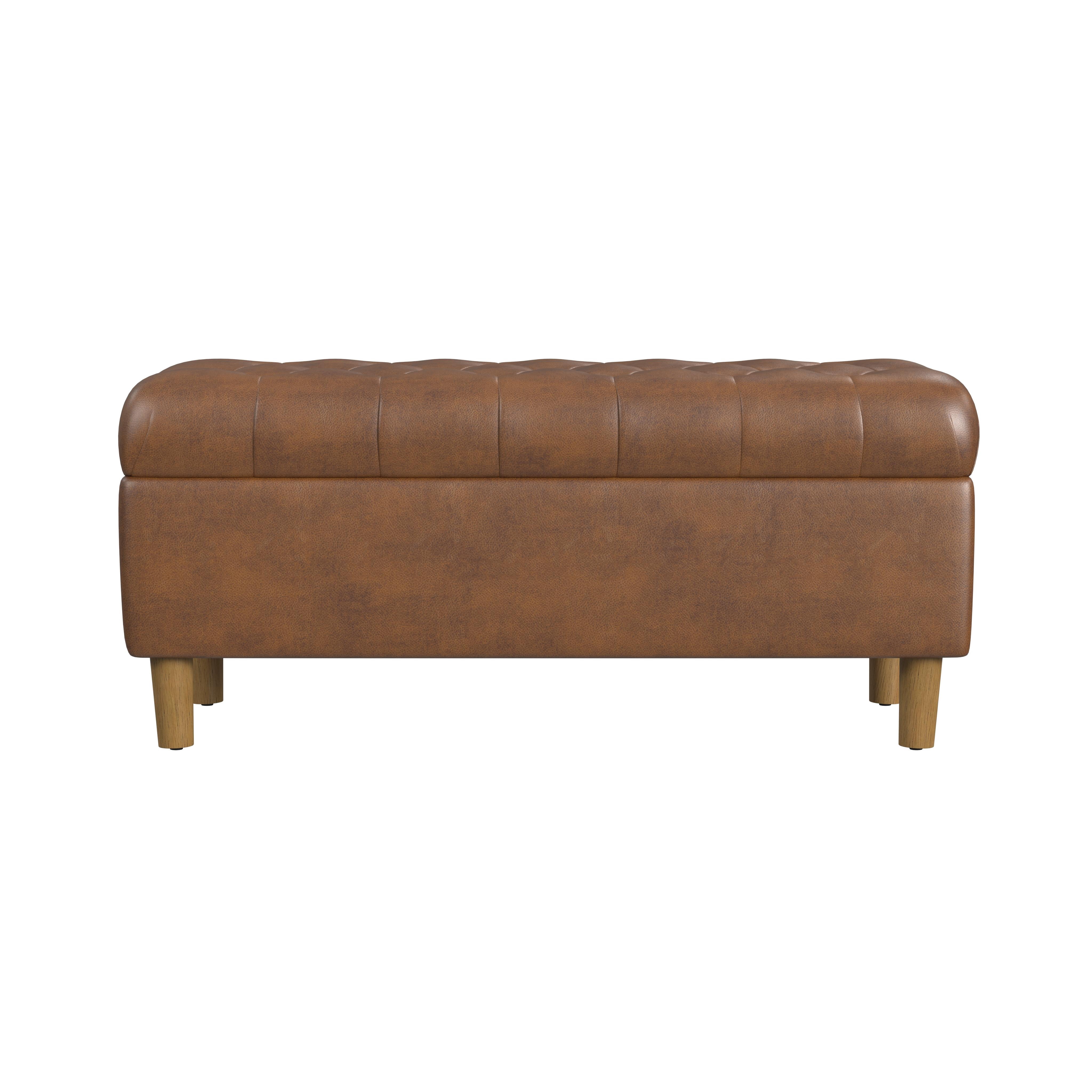 HomePop Button Tufted Storage Bench, 40"W x 18"D x 18"H, Brown Faux Leather
