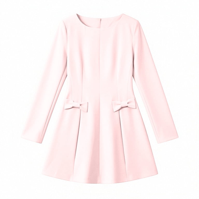 ZHYou Womens Long Sleeve Mini Dress Crew Neck Cute Bows Tummy Waist Slim Fit Work Office Short Dresses,Pink,Size S