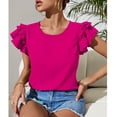 thumbnail image 2 of Women Crew Neck Blouse Cap Ruffle Sleeve Pure Color Loose Fitting Casual Summer Shirt Rose Red XL, 2 of 6