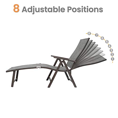 Crestlive Products  Outdoor Aluminum Folding Recliner Adjustable Chaise Lounge (Set of 2) - See Picture Black&Grey Fabric, Brown Farme - image 3 of 7
