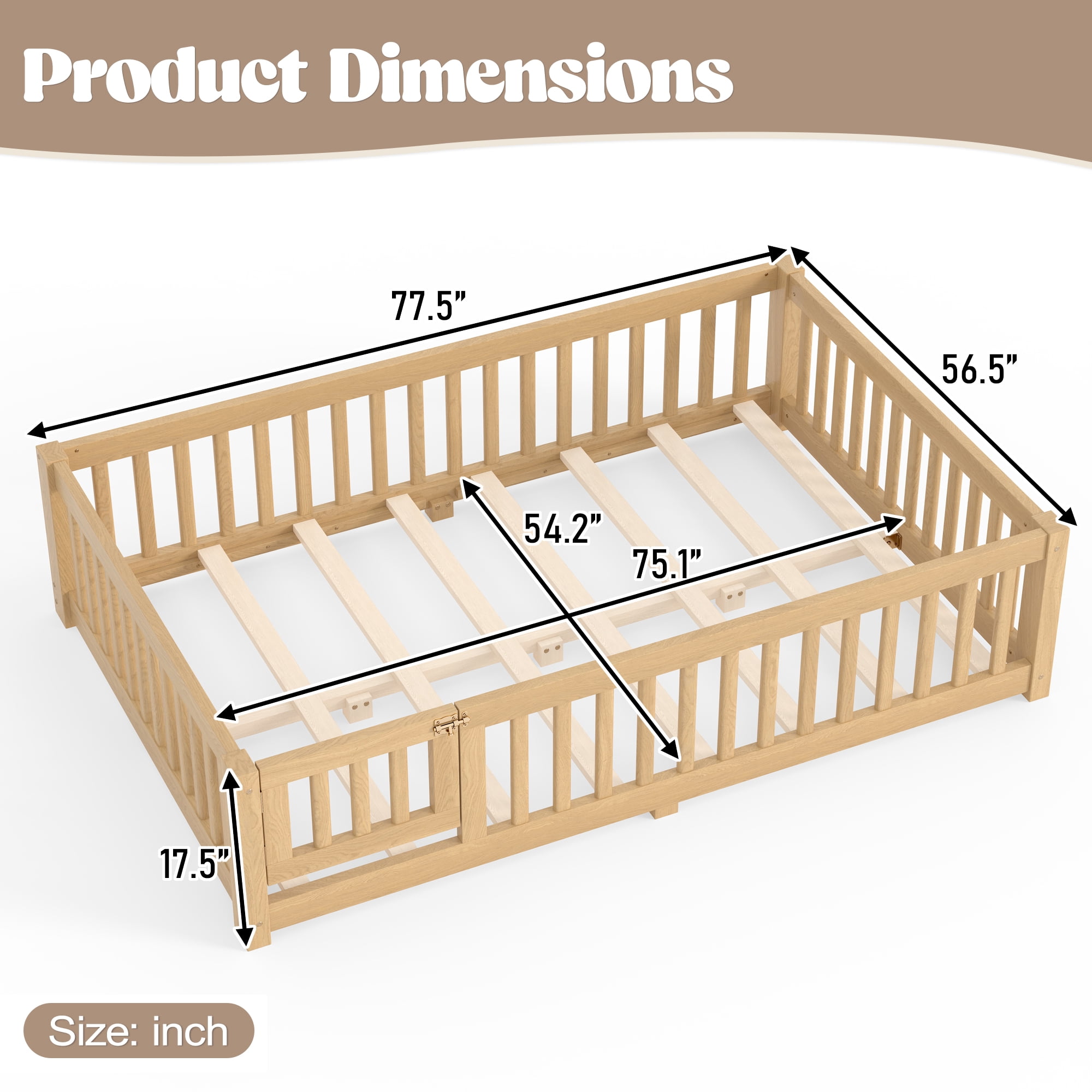Full Size Kids Floor Bed with Safety Guardrails & Removable Door, Solid Pine Wood Montessori Bed, Natural