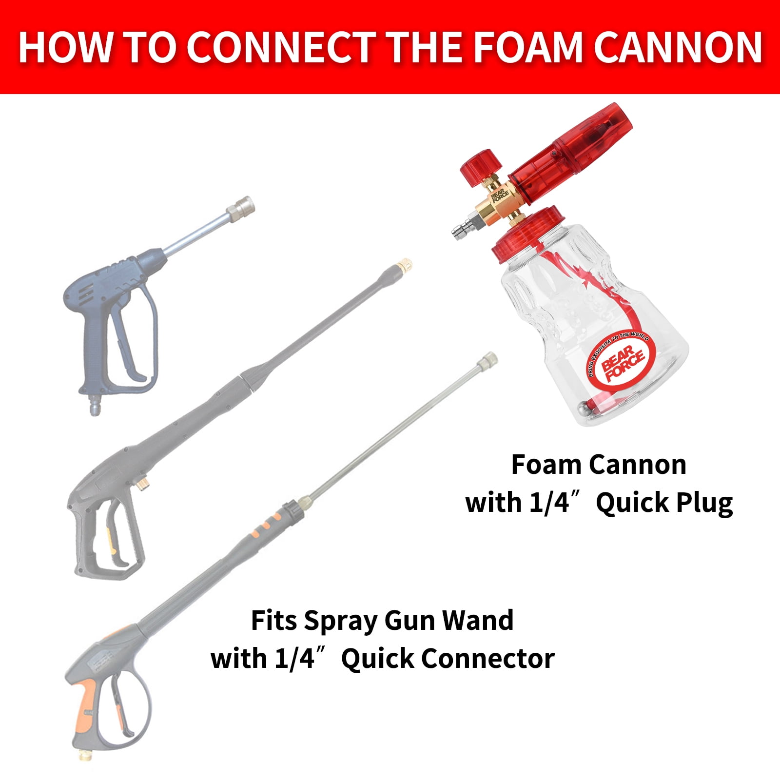 Bear Force Brass Foam Cannon for Pressure Washer with 1/4" Quick Connect, 360° Adjustable Snow Foam Sprayer, 1.25mm & 1.10mm Orifice Nozzle, 32 oz Bottle for Car Wash